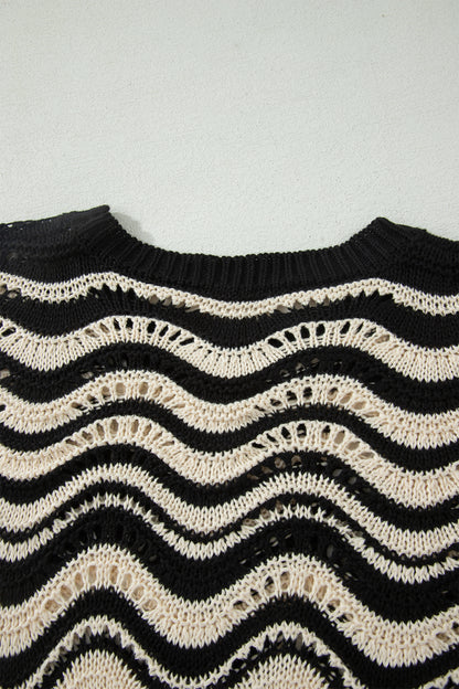 Black Stripe Wavy Crochet Eyelet Detail Ruffle Half Sleeve Sweater