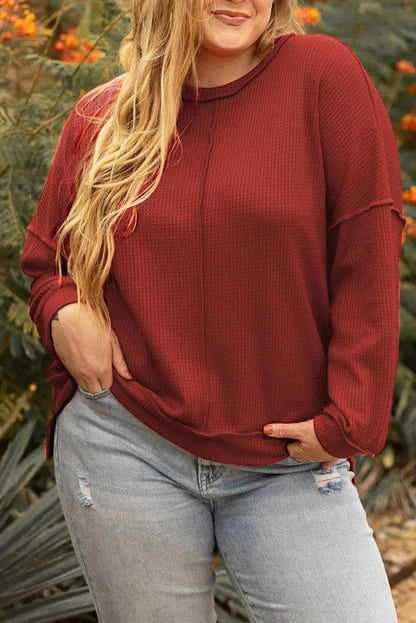 Plus Size/Plus Size Tops/Plus Size Long Sleeve Tops Gold Flame Exposed Seam Detail Waffle Knit Plus Size Top