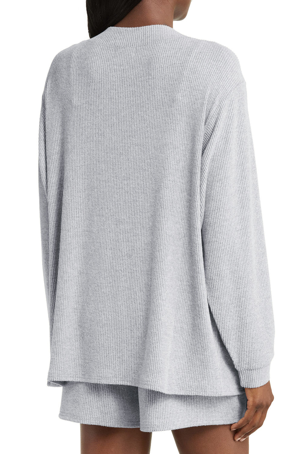 Light Grey 3 Pieces Rib Crop Camisole Matching Shorts Lounge Set with Cardigan