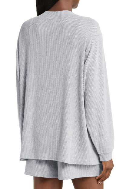 Light Grey 3 Pieces Rib Crop Camisole Matching Shorts Lounge Set with Cardigan