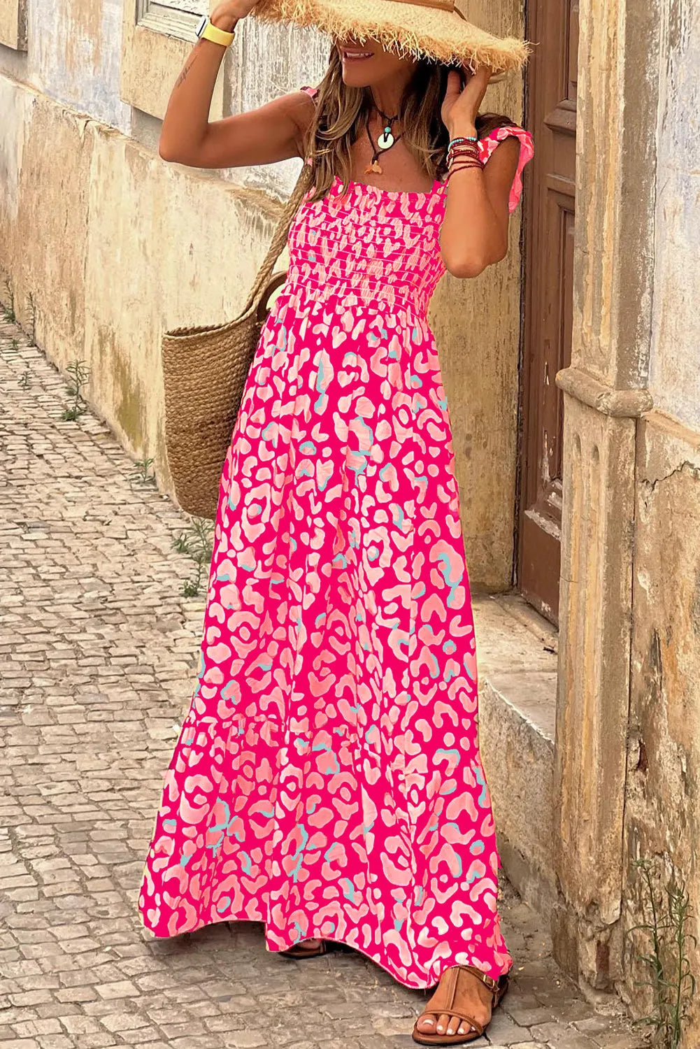 Pink Leopard Ruffle Straps Smocked High Waist Long Dress - Chic Meadow Boutique 