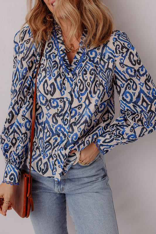 Blue Bohemian Print Embroidered V Neckline Detail Long Sleeve Shirt