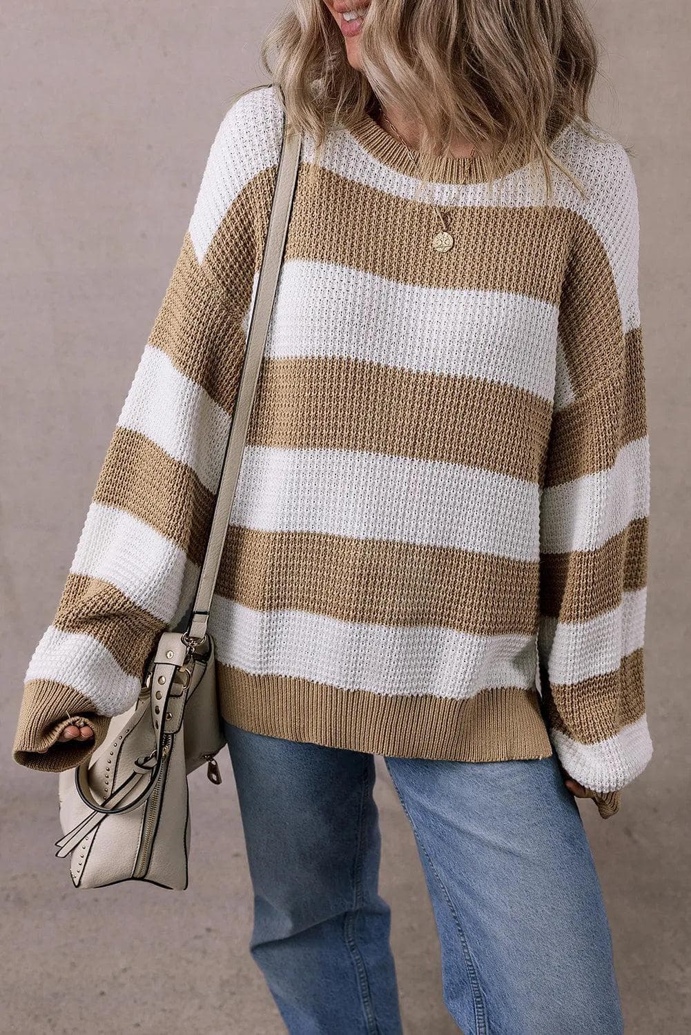 Sweaters & Cardigans/Sweaters Light French Beige Colorblock Striped Drop Shoulder Side Slit Sweater