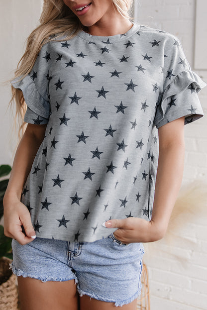 Gray Star Print Tiered Ruffled Sleeve Crew Neck T Shirt