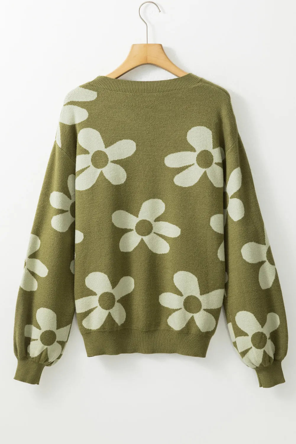 Spinach Green Big Flower Knit Ribbed Trim Sweater - Chic Meadow Boutique 