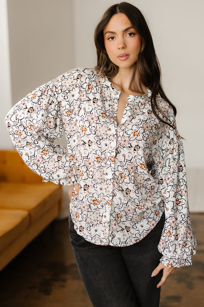 Khaki Bold Floral Print Frilled Puff Sleeve Button Down Shirt