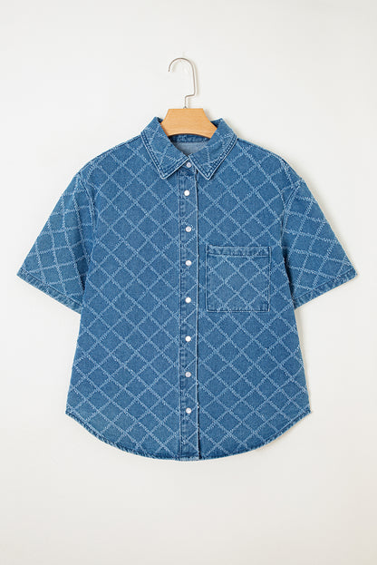 Dusk Blue Checkered Textured Short Sleeve Patched Pocket Denim Shirt