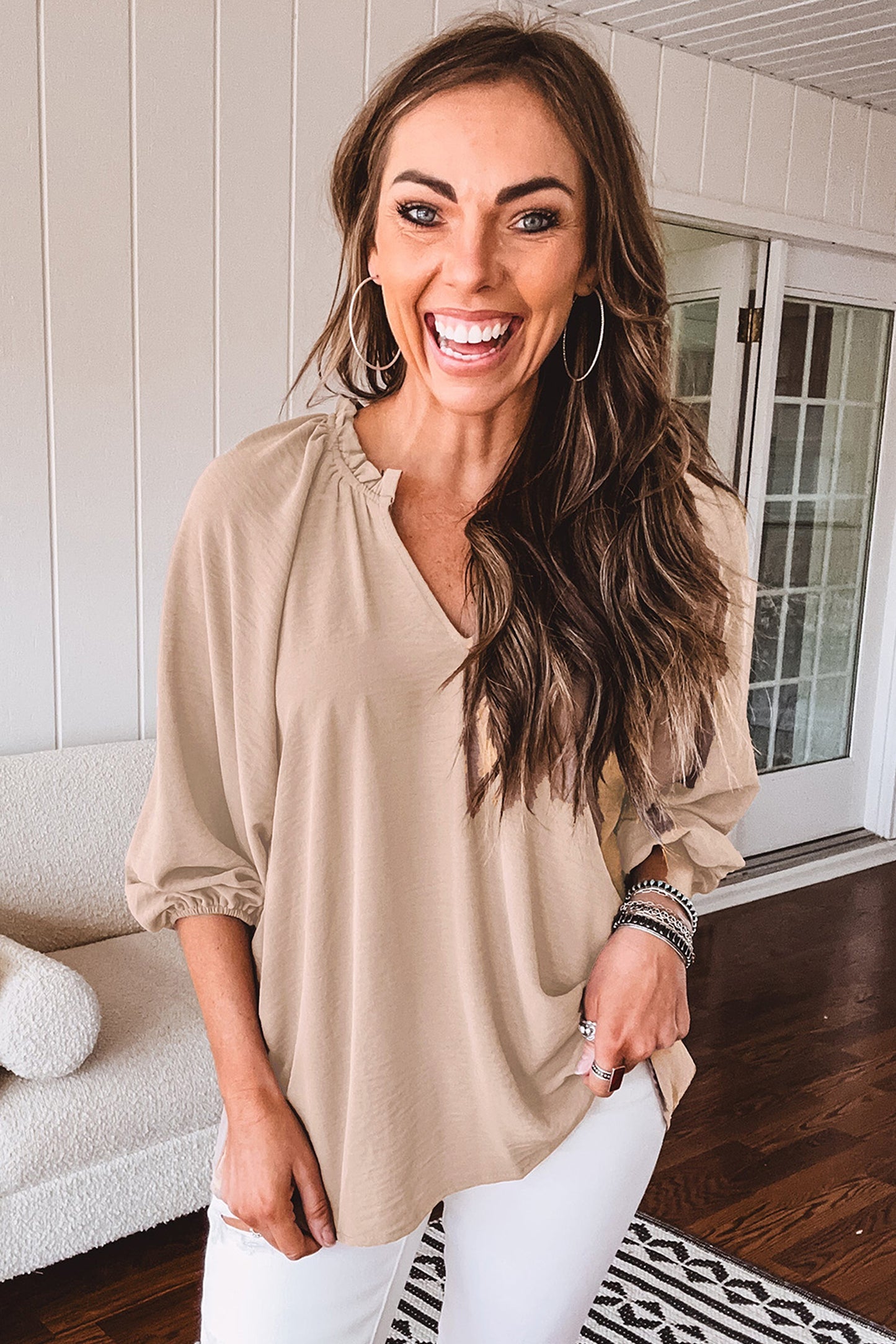 Parchment V Neck Gathered Cuff Three Quarter Sleeve Blouse