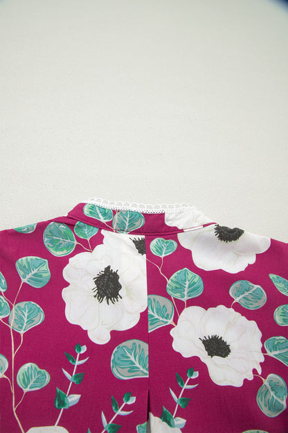 Red Floral Print Trimmed Short Puff Sleeve Mini Dress with Belt