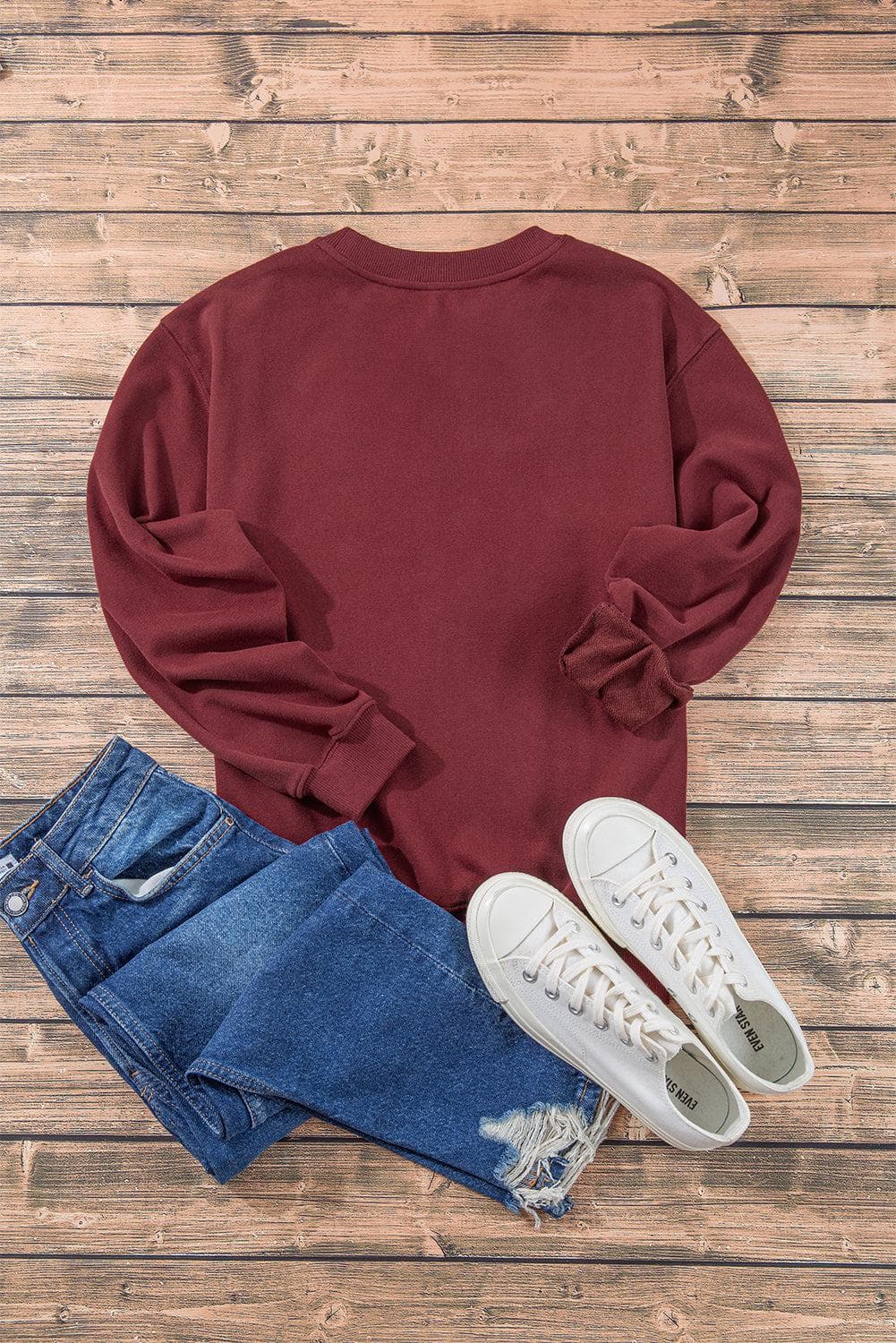 Tops/Sweatshirts & Hoodies Burgundy Plain Drop Shoulder Crewneck Pullover Sweatshirt