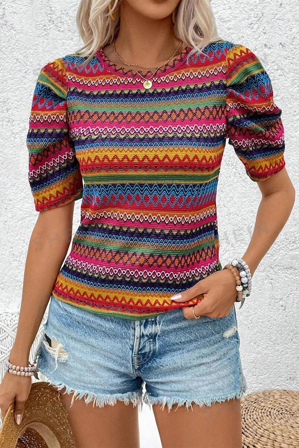 Rose Red Multicolor Jacquard Geo Patterned Puff Sleeve T Shirt - Chic Meadow Boutique 