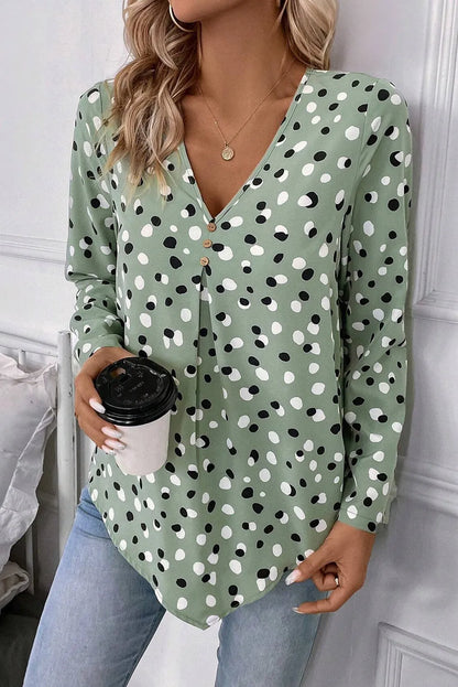 Green Polka Dot Print Button Front V Neck Blouse - Chic Meadow Boutique 