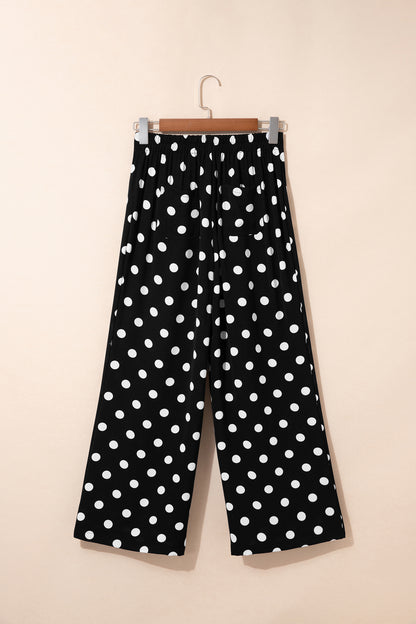Black Polka Dot Print Patched Pocket Mid-rise Straight Leg Pants