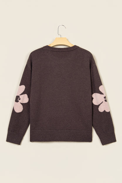 Chicory Coffee Cozy Floral Print Round Neck Dropped Shoulder Casual Sweater