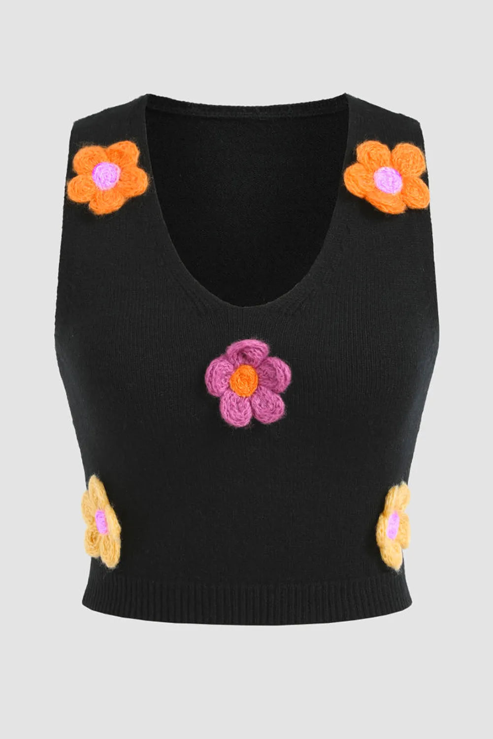 Black 3D Flower Decor Cropped Sweater Vest - Chic Meadow Boutique 