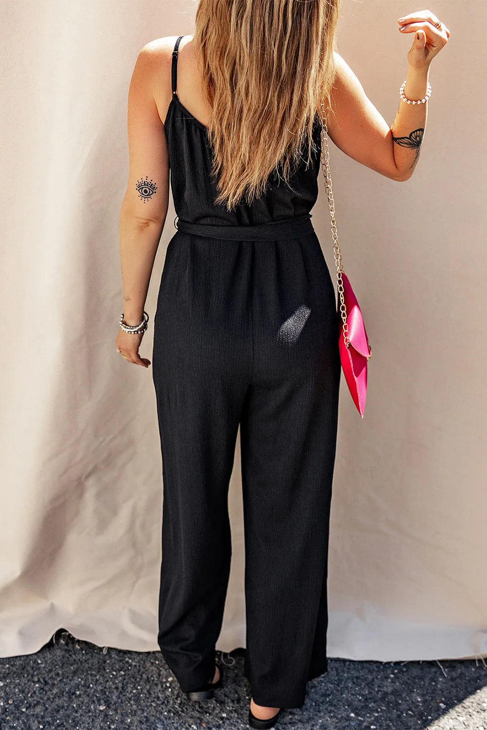 Black Textured Belted Wide Leg Sleeveless Jumpsuit - Chic Meadow Boutique 