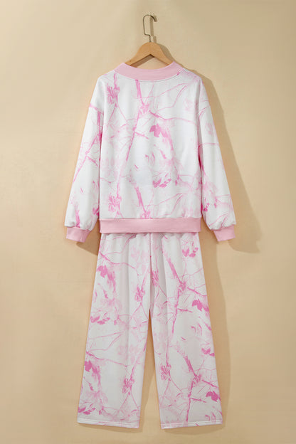 Pink Abstract Plant Print Long Sleeve V Neck Pant Set