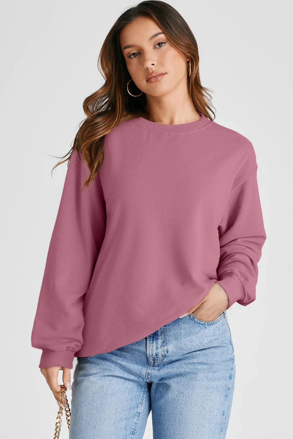 Valerian Plain Drop Shoulder Crewneck Pullover Sweatshirt - Chic Meadow Boutique 