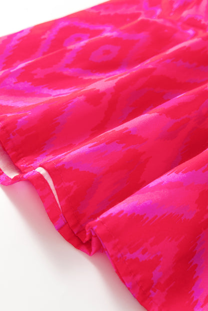 Red Allover Print Contrast Split Neckline Short Puff Sleeve Curvy Dress