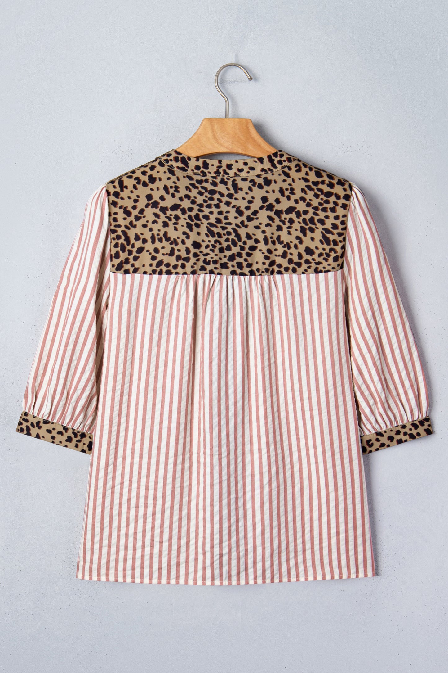 Pink Stripe Leopard Trim V Neck Button Down Half Sleeve Shirt