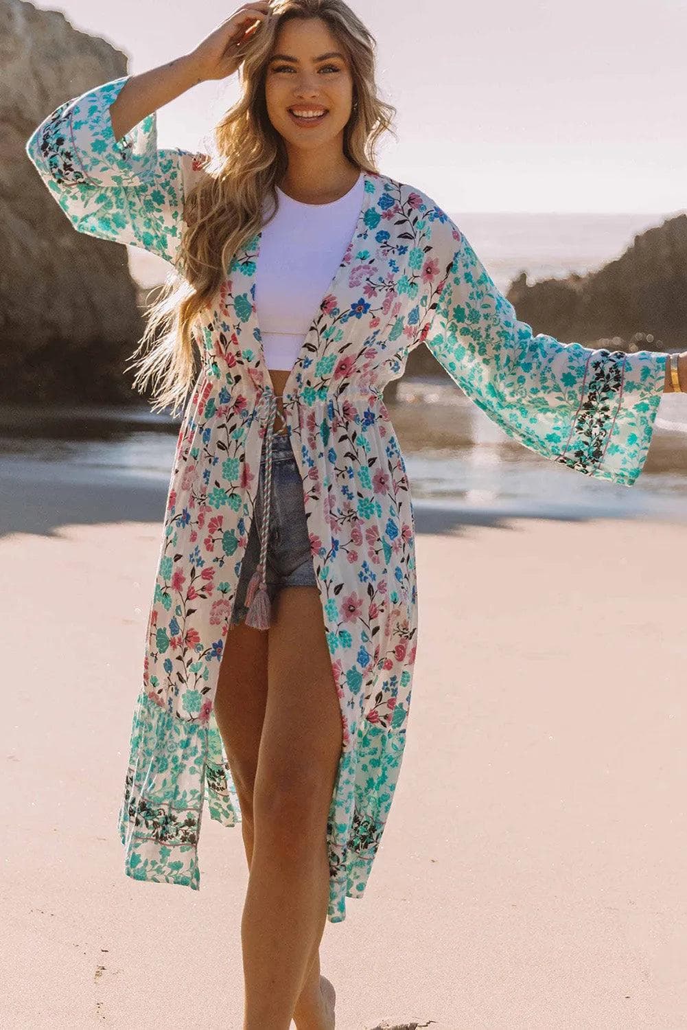 Outerwear/Kimonos Multicolor Long Sleeve Tassel Tie Floral Kimono