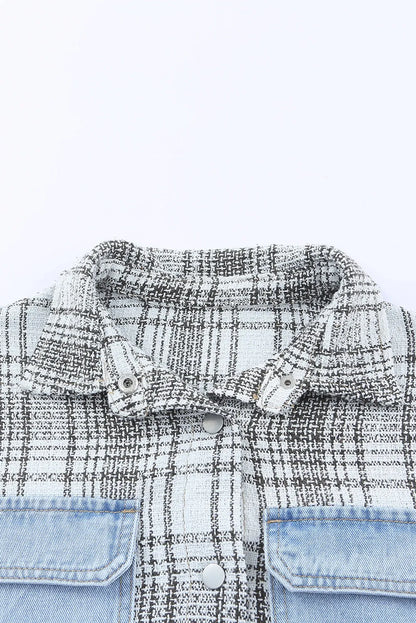 Sky Blue Plaid Patchwork Fringed Flap Pockets Denim Jacket - Chic Meadow Boutique 