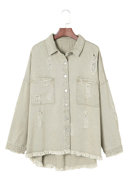 Green Distressed Fringe Trim Denim Jacket - Chic Meadow Boutique 