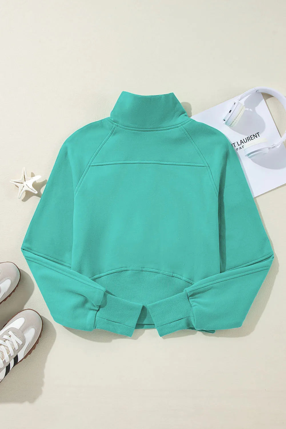 Sea Green Fleece Lined Zip Up Stand Collar Thumbhole Sleeve Sweatshirt - Chic Meadow Boutique 