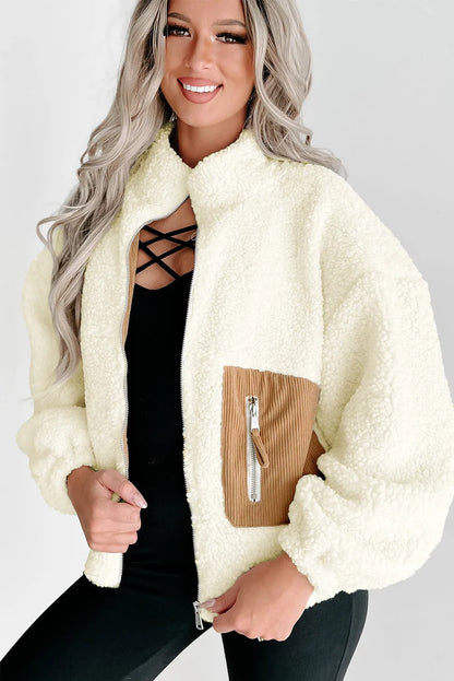 White Contrast Patched Pocket Zipped Sherpa Jacket - Chic Meadow Boutique 