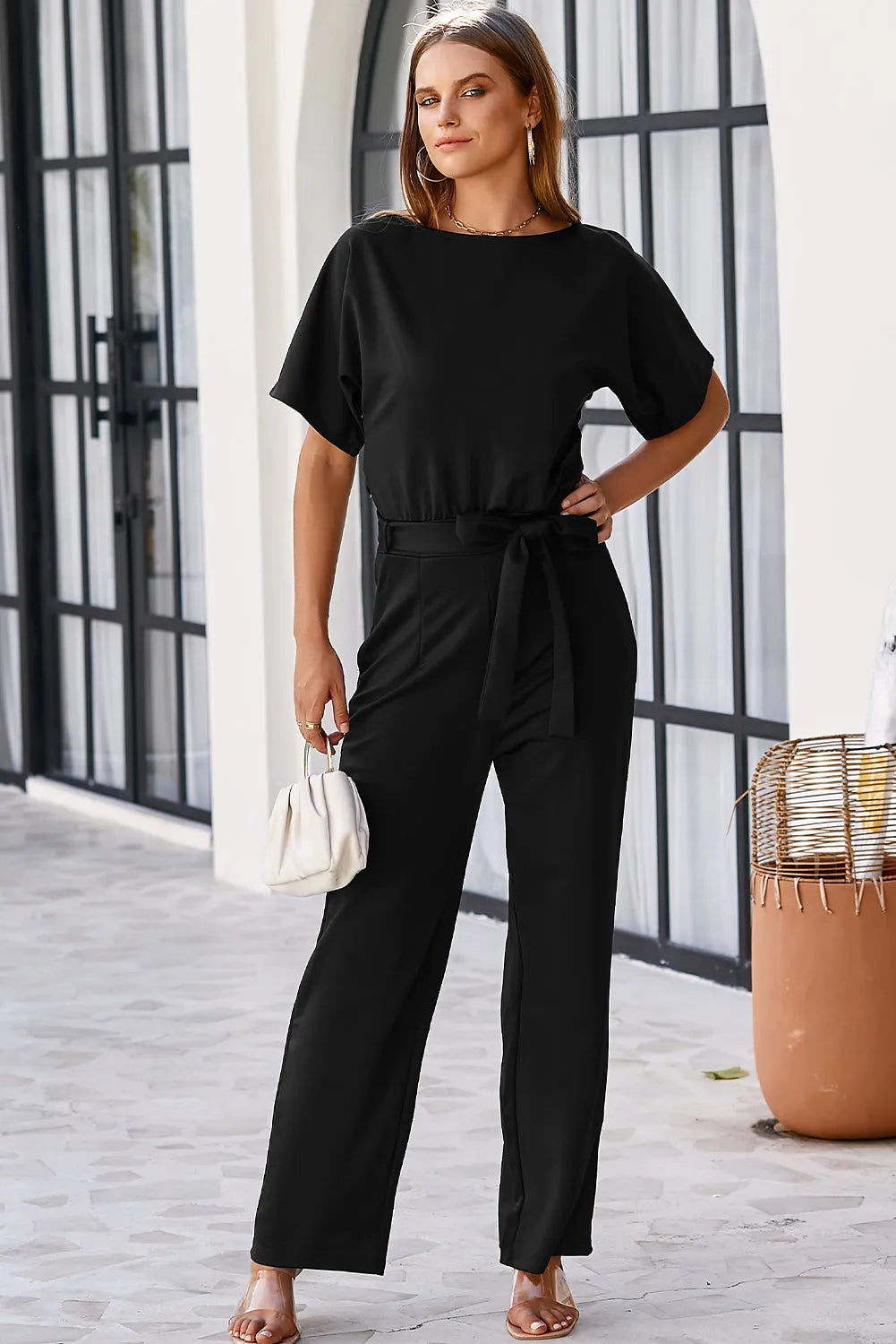 Black Belted Wide Leg Jumpsuit - Chic Meadow Boutique 