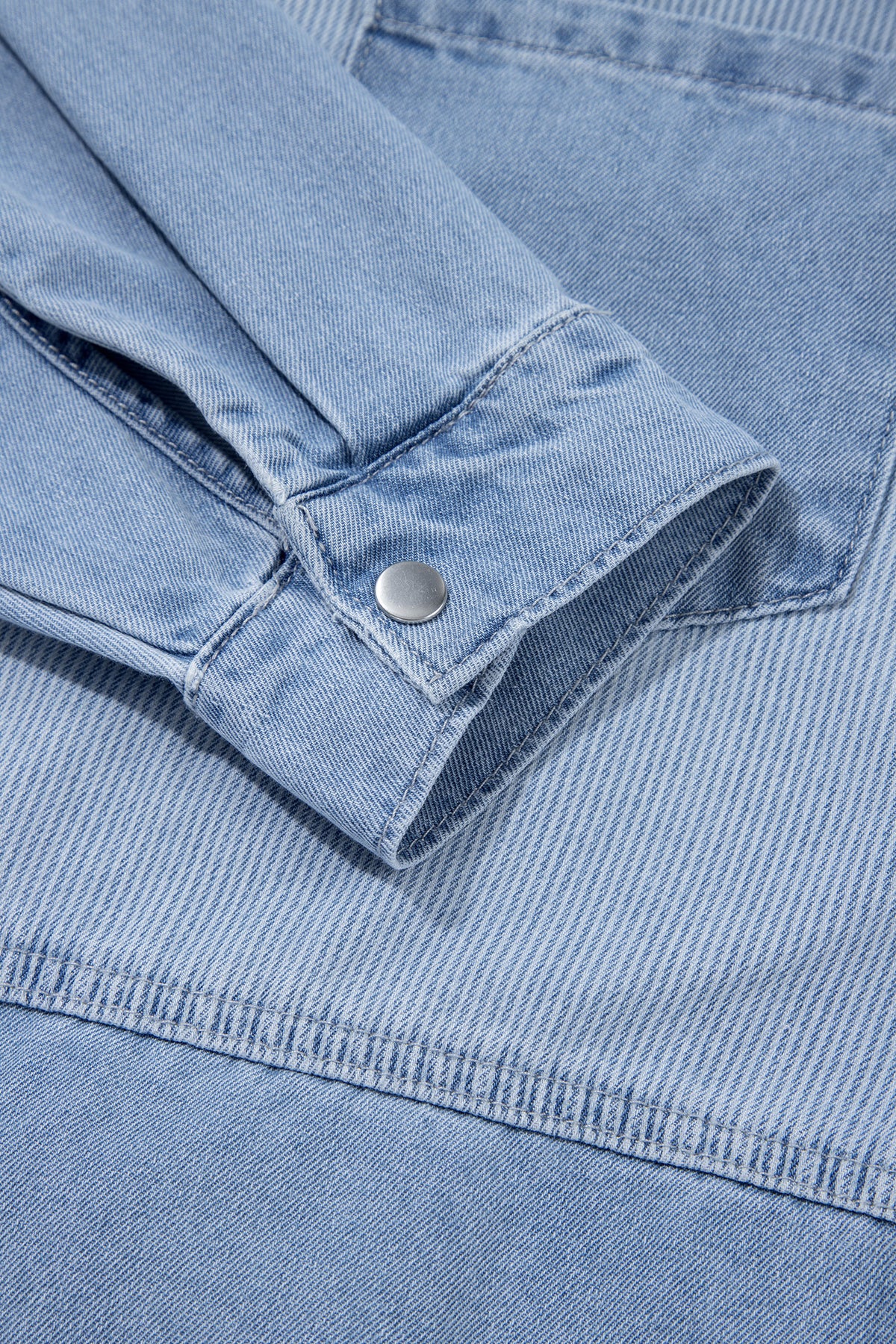 Beau Blue Lightweight Denim Striped Patchwork Button Down Shacket