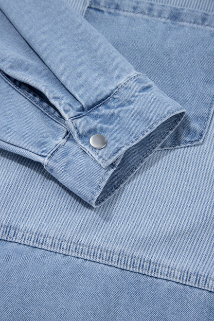 Beau Blue Lightweight Denim Striped Patchwork Button Down Shacket