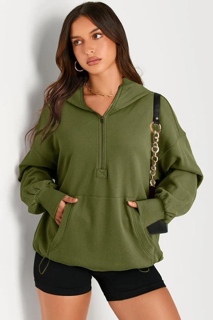 Moss Green Solid Kangaroo Pocket Half Zipper Oversized Hoodie - Chic Meadow Boutique 