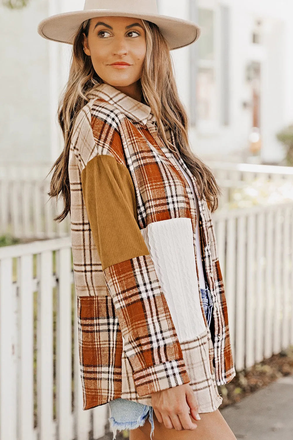 Orange Plaid Color Block Patchwork Shirt Jacket with Pocket - Chic Meadow Boutique 