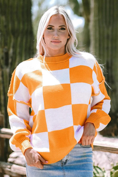 Tops/Sweaters & Cardigans Orange Checkered Bishop Sleeve Sweater