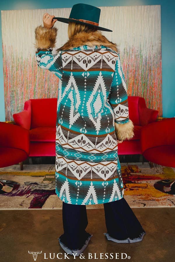 Plus Size Jade Aztec W Fur Collar & Sleeves Hem Long Coat