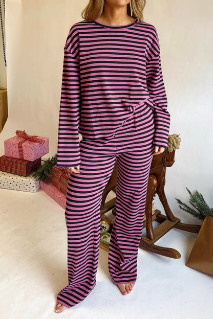 Pink Stripe Casual Long Sleeve Top Drawstring Pant Set