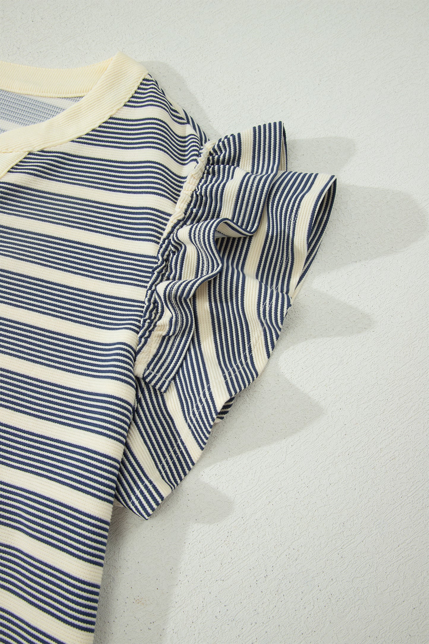 Blue Stripe Plus Size Contrast Trim Button V Neck Ruffle Sleeve Shift Dress