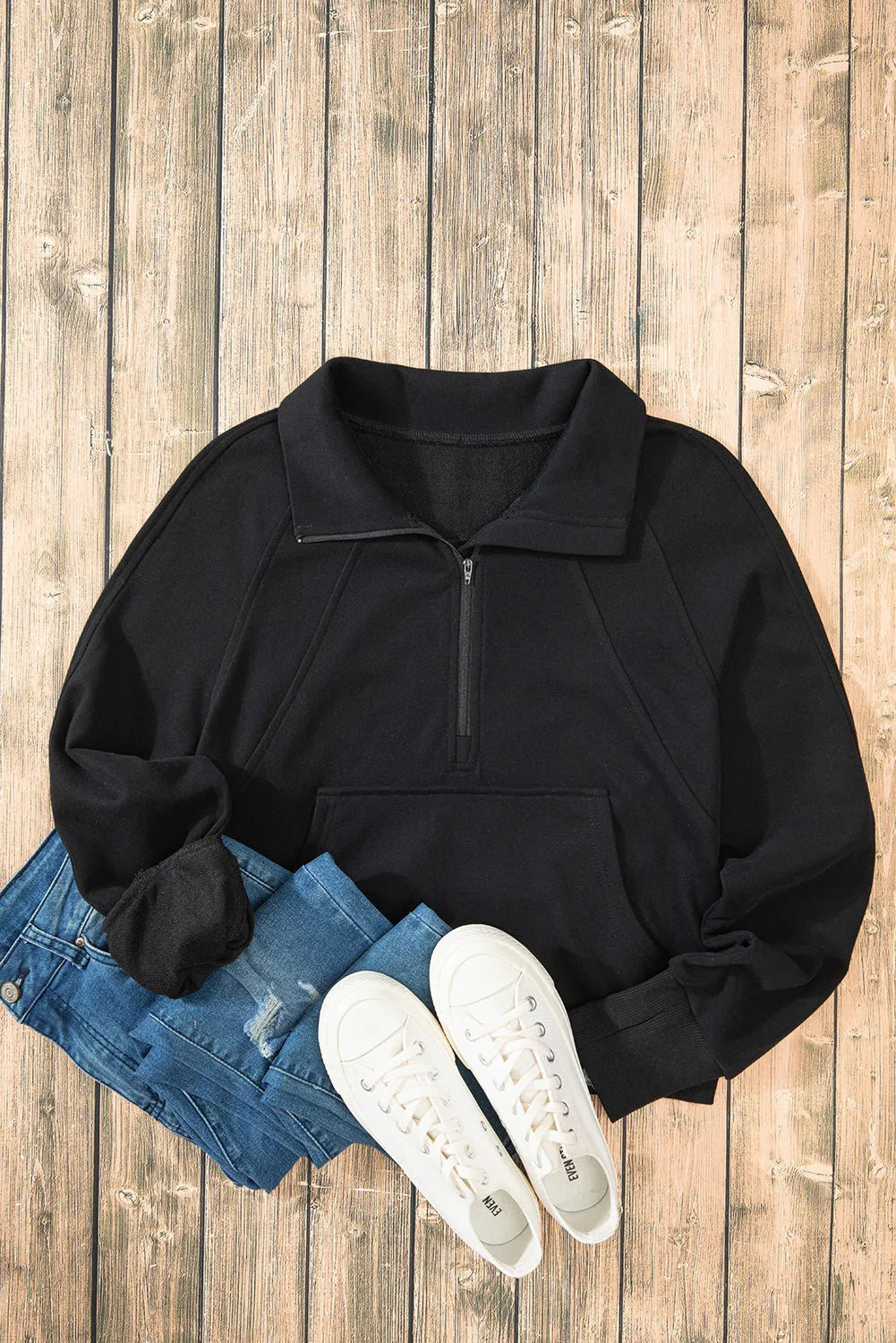 Black Quarter Zip Stand Neck Kangaroo Pocket Sweatshirt - Chic Meadow Boutique 