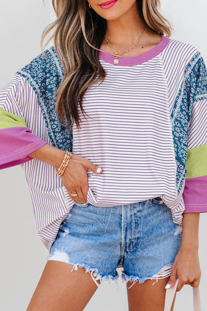 Purple Stripe Floral Color Block Raw Edge Patchwork Bracelet Sleeve Blouse