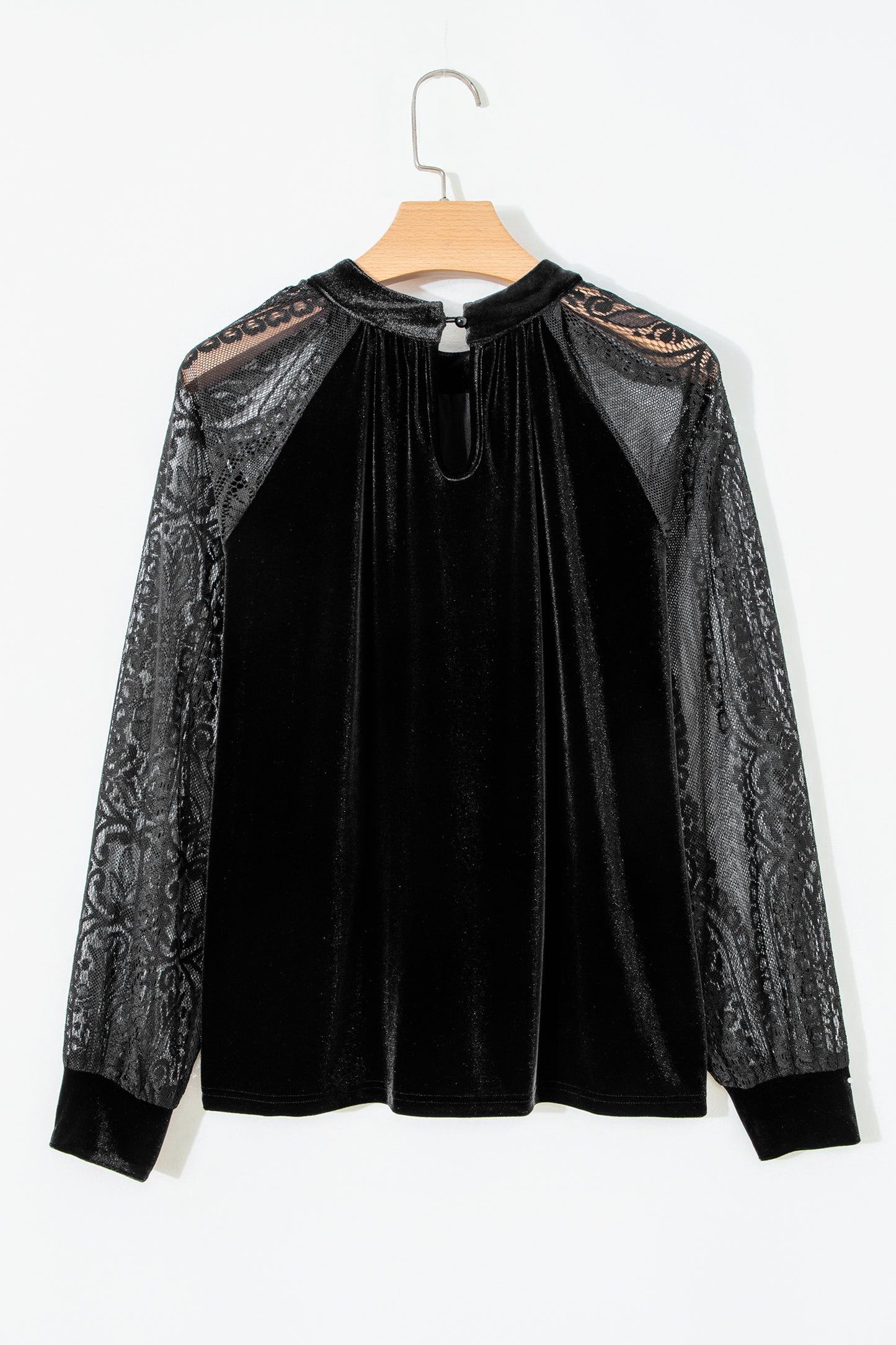 Color Black Solid Color Sheer Lace Long Sleeve Patchwork Stand Neck Velvet Blouse
