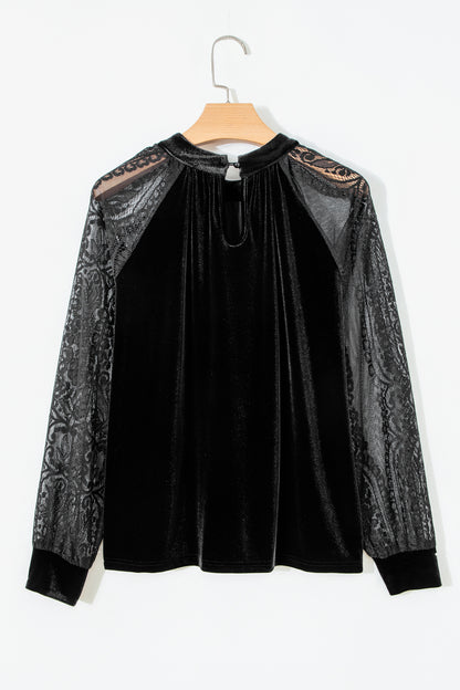 Color Black Solid Color Sheer Lace Long Sleeve Patchwork Stand Neck Velvet Blouse