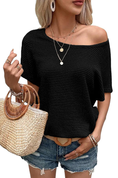 Black Draped Open Back Textured Tee - Chic Meadow Boutique 