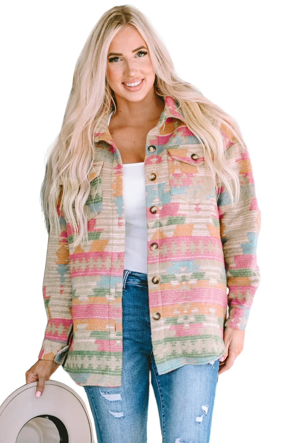 Multicolor Western Aztec Print Button Flap Pocket Shacket - Chic Meadow Boutique 