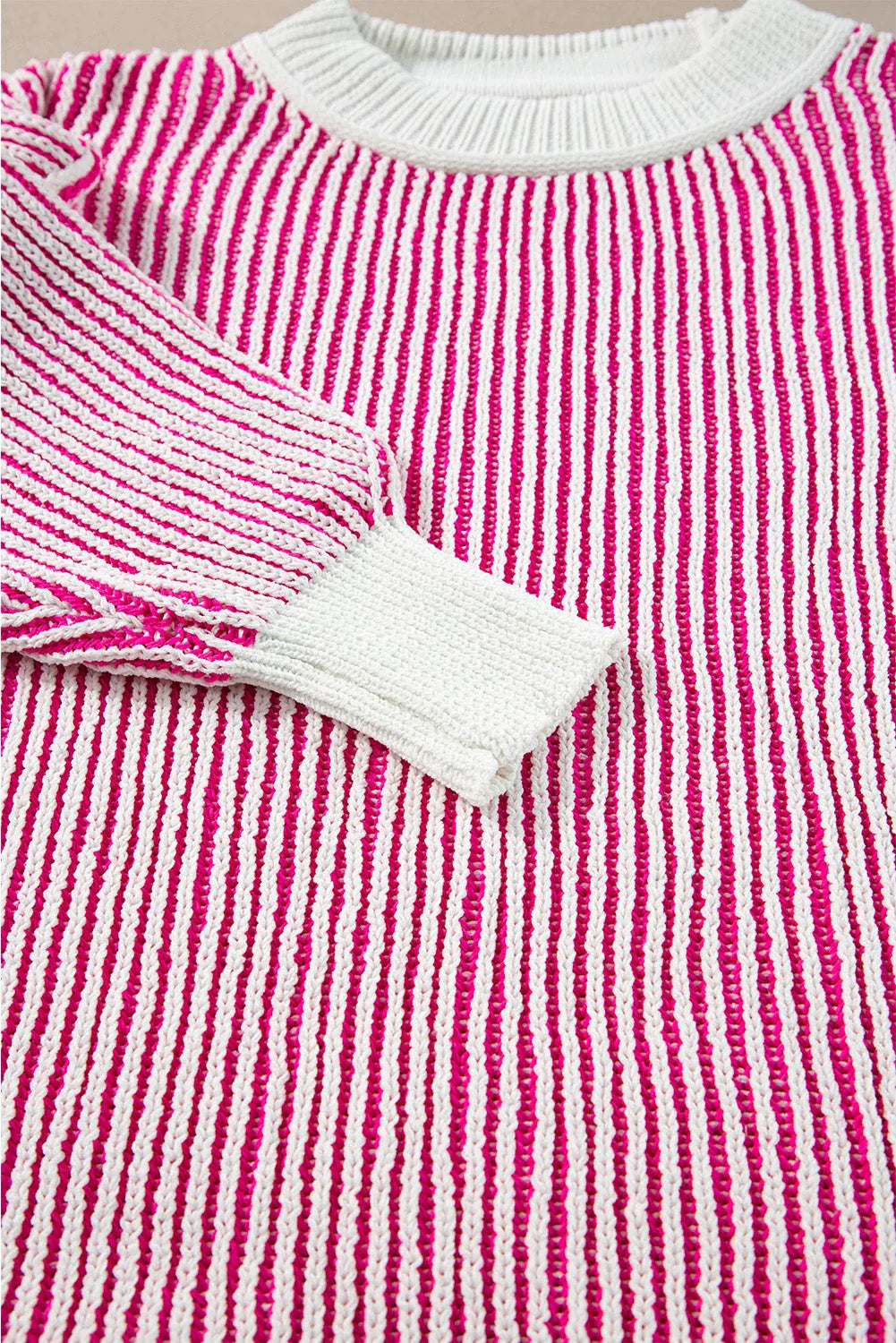 Bright Pink Striped Textured Knit Contrast Edge Loose Sweater - Chic Meadow Boutique 