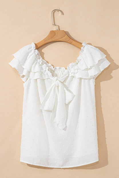 White Off Shoulder Ruffle Knotted Detail Swiss Dot Blouse