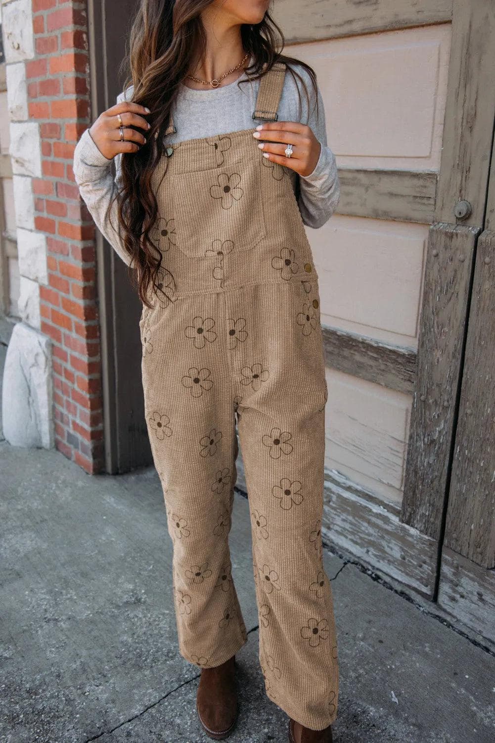 Bottoms/Jumpsuits & Rompers Khaki / S / 100%Polyester Khaki Flower Print Corduroy Overalls