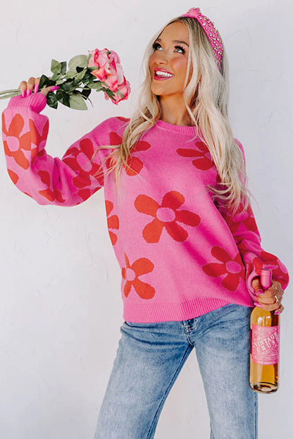 Rose Big Flower Knit Ribbed Trim Sweater - Chic Meadow Boutique 