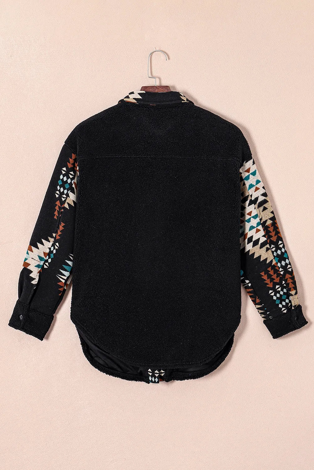 Black Western Aztec Print Accent Fleece Shacket - Chic Meadow Boutique 