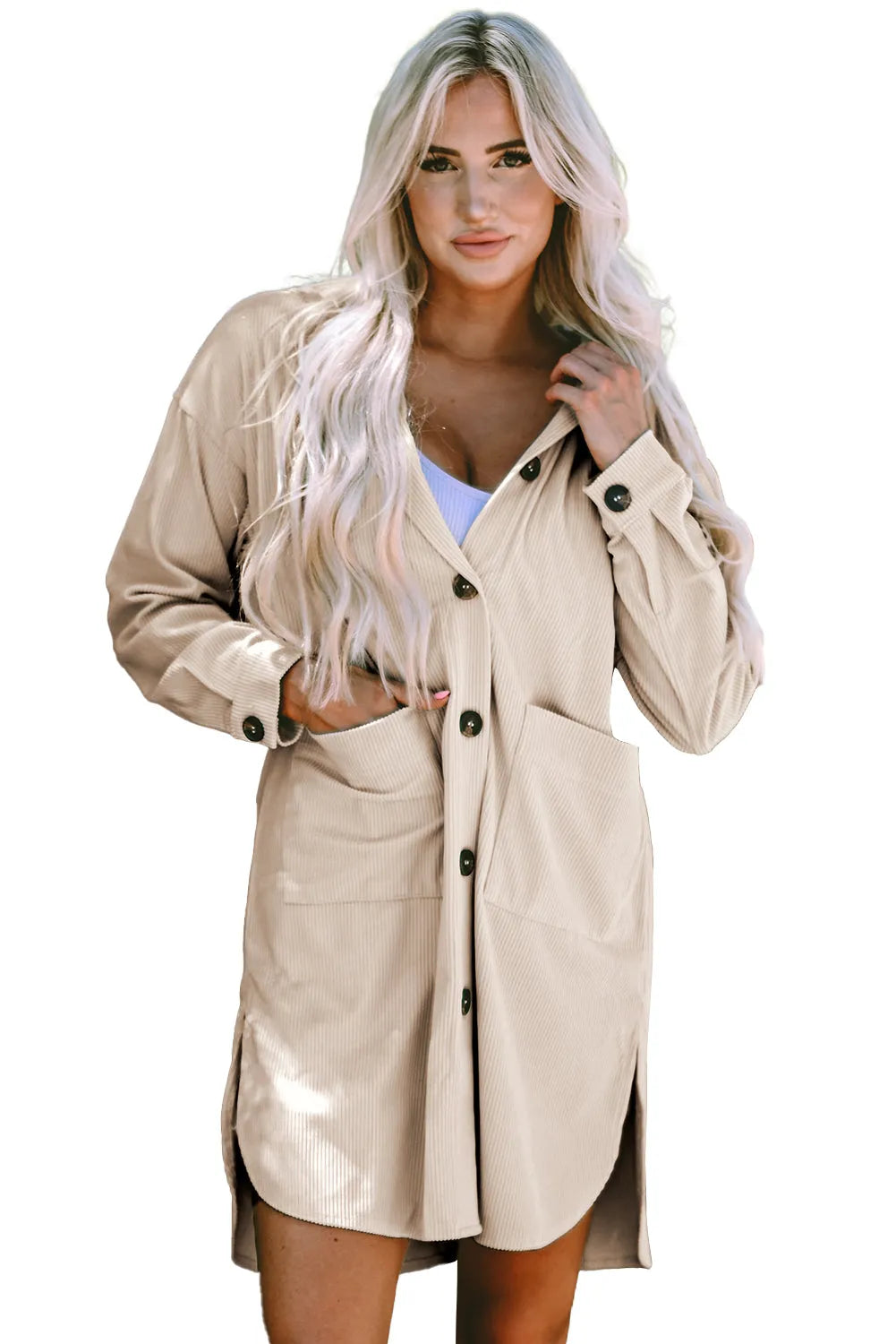 Beige Oversized Corduroy Contrast Hooded Shacket - Chic Meadow Boutique 